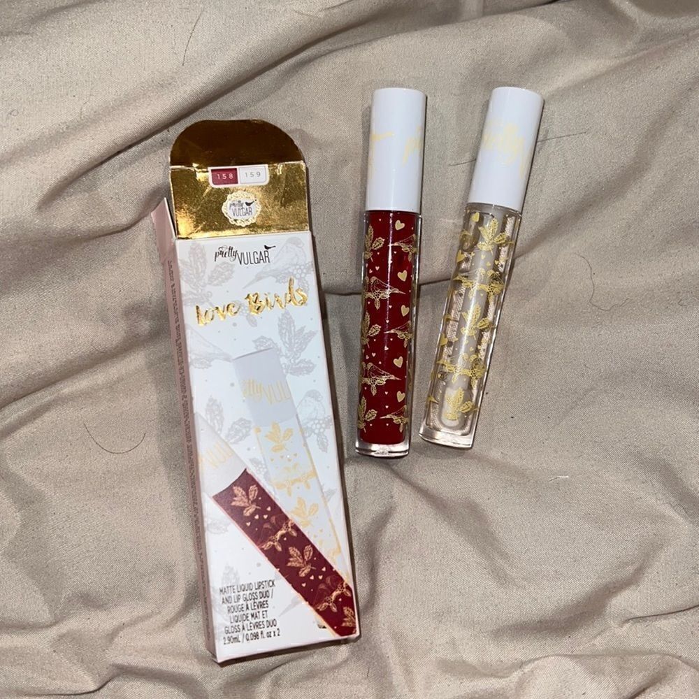 Pretty vulgar love birds matte liquid lipstick and gloss set red new never used